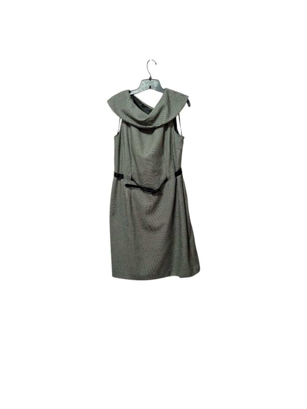 Tahari Gray Micro Plaid Belted Cowl Neck Sleeveless Sheath Dress Career Sz 16